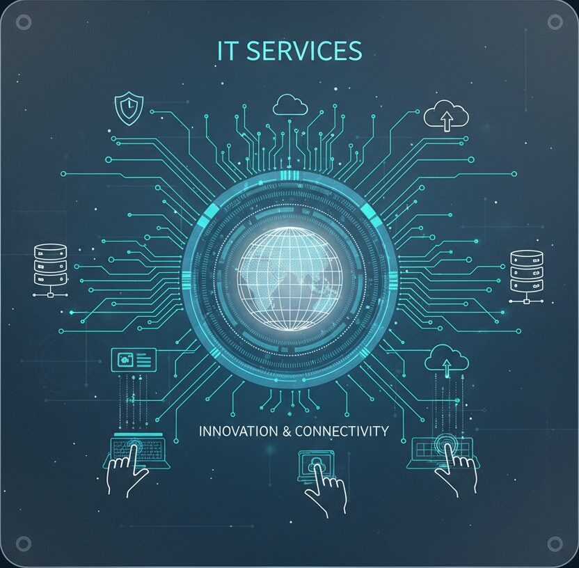 A digital graphic displays a central globe surrounded by circuit board patterns, cloud icons, and server symbols, with the text "IT SERVICES" and "INNOVATION & CONNECTIVITY" overlaid on a dark background.